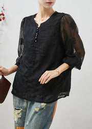 Beautiful Black Embroidered Linen Silk Shirt Top Summer