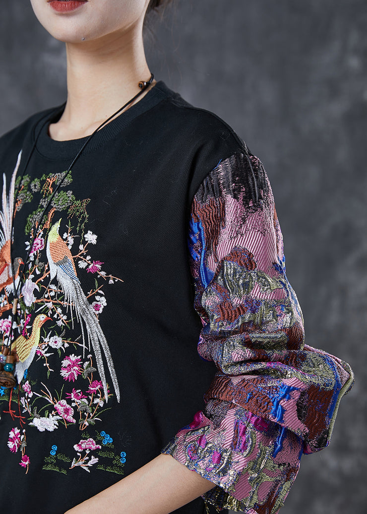 Beautiful Black Embroidered Patchwork Cotton Sweatshirt Spring