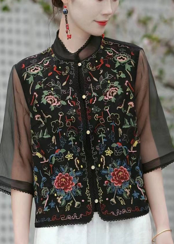 Beautiful Black Embroideried Patchwork Linen Silk Top Half Sleeve