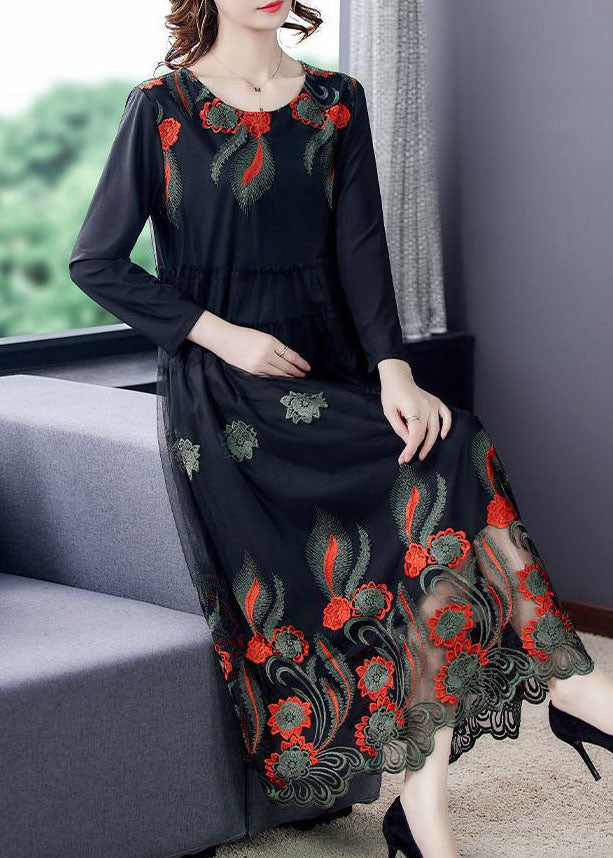 Beautiful Black Embroideried Patchwork Tulle Party Dress Spring