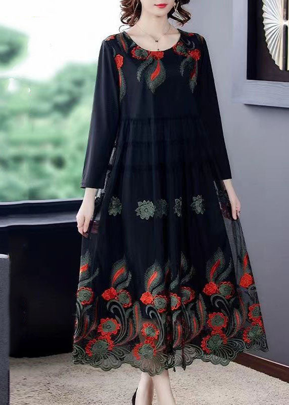 Beautiful Black Embroideried Patchwork Tulle Party Dress Spring