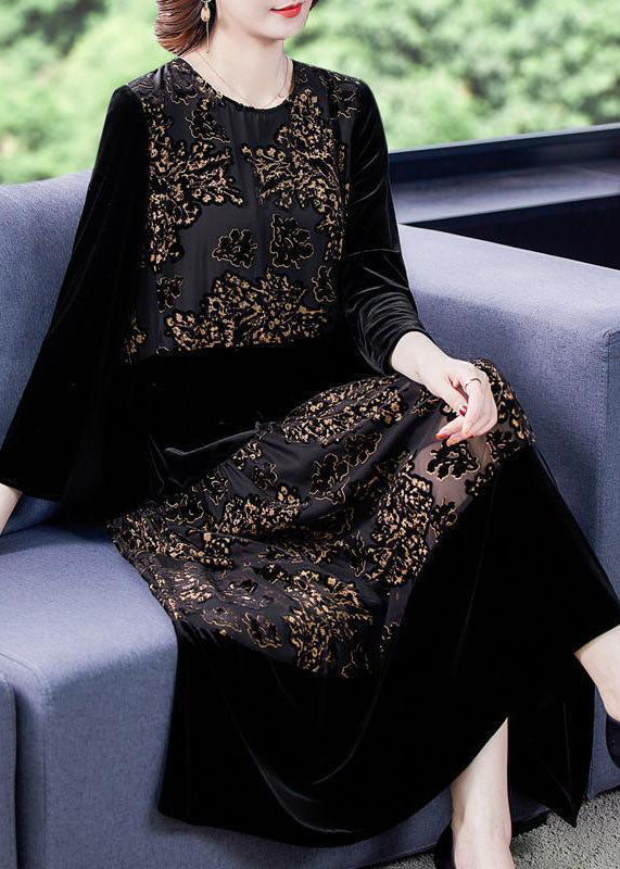 Beautiful Black Embroideried Tulle Patchwork Silk Velour Dresses Spring