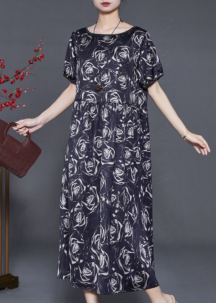 Beautiful Black Floral Silm Fit Silk Long Dresses Summer