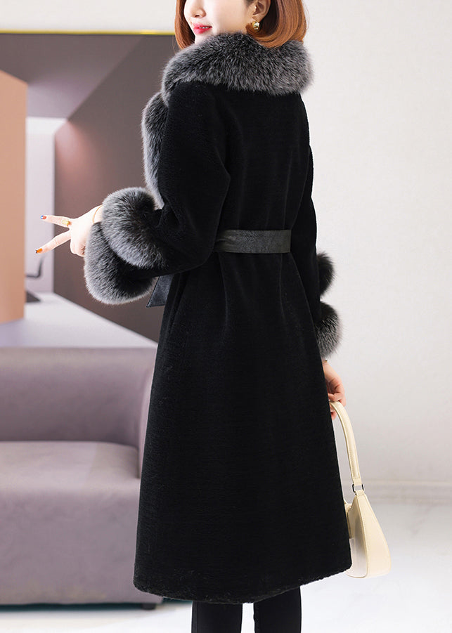 Beautiful Black Fox Collar Tie Waist Woolen Long Coat Winter