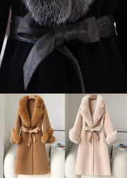 Beautiful Black Fox Collar Tie Waist Woolen Long Coat Winter