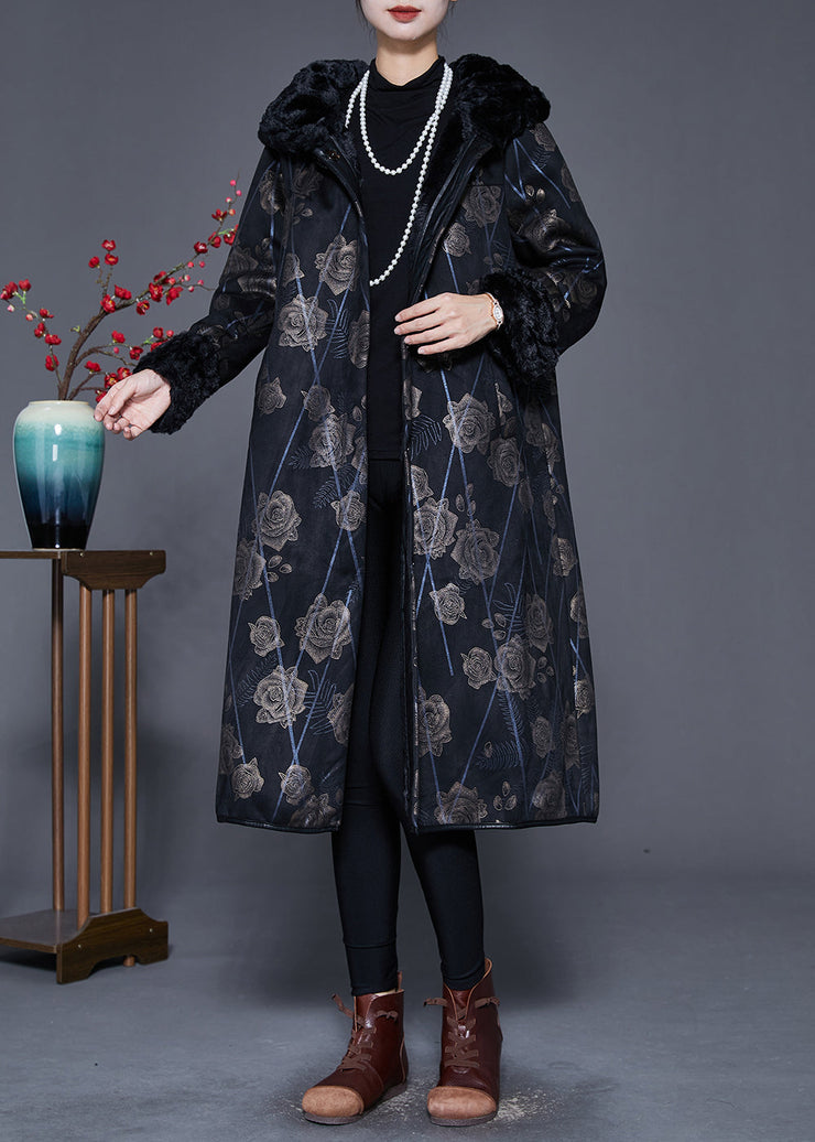 Beautiful Black Fur Collar Print Warm Fleece Coat Outwear Winter