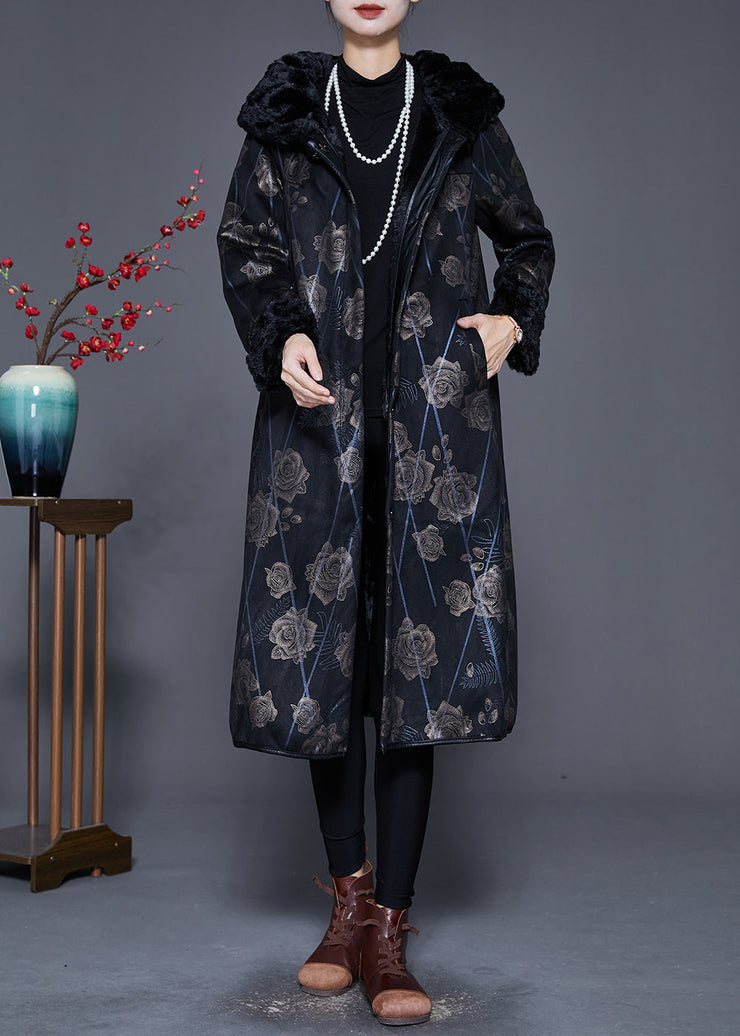 Beautiful Black Fur Collar Print Warm Fleece Coat Outwear Winter