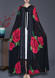 Beautiful Black Hooded Floral Print Chiffon Cardigan Spring