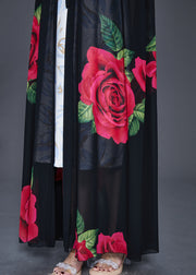 Beautiful Black Hooded Floral Print Chiffon Cardigan Spring