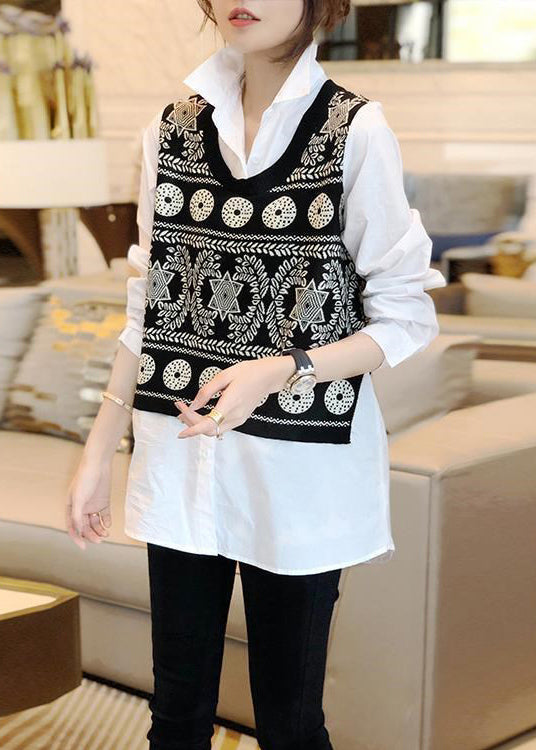 Beautiful Black Knit Vest And White Shirts Two Pieces Set Fall