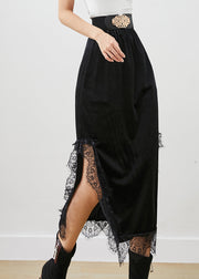 Beautiful Black Lace Patchwork Side Open Silk Velour Skirts Fall