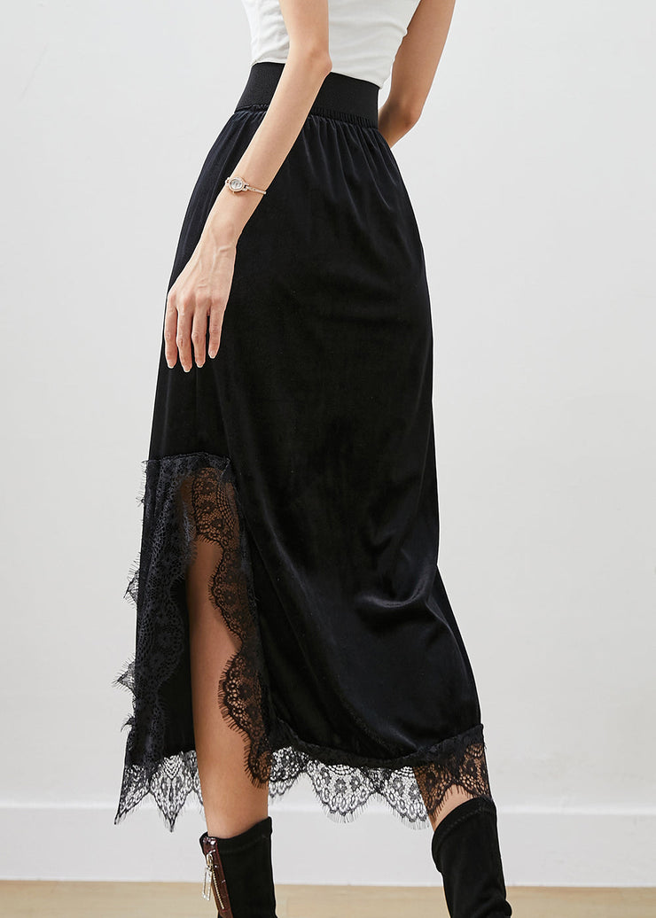 Beautiful Black Lace Patchwork Side Open Silk Velour Skirts Fall