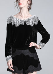 Beautiful Black Lace Patchwork Silk Velour T Shirt Winter