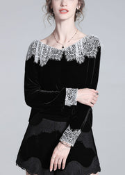 Beautiful Black Lace Patchwork Silk Velour T Shirt Winter