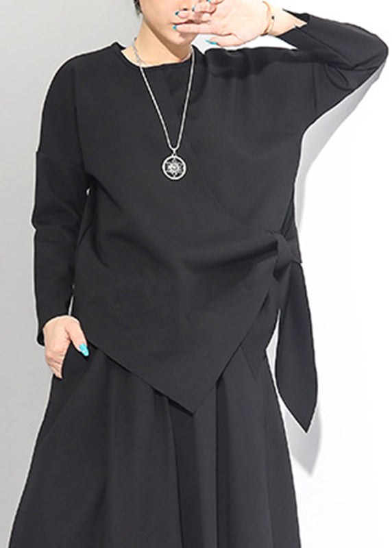 Beautiful Black O-Neck Asymmetrical Tie Waist Bow Top Long Sleeve