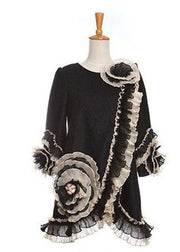 Beautiful Black O-Neck Nail Bead Floral Woolen Coats Bracelet Sleeve