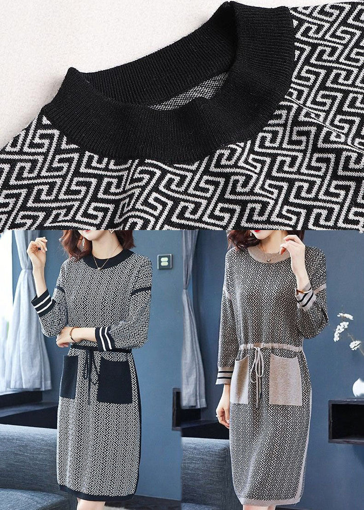 Beautiful Black O-Neck Print Drawstring Knit Sweater Dress Long Sleeve