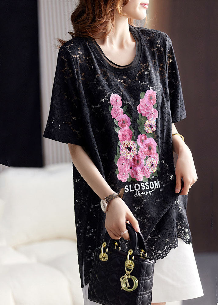 Beautiful Black O-Neck Print Hollow Out Lace Top Short Sleeve