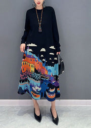 Beautiful Black O-Neck Print Knit Long Sweater Dresses Fall