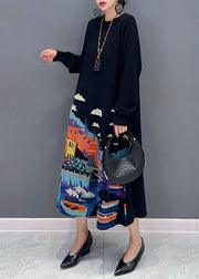 Beautiful Black O-Neck Print Knit Long Sweater Dresses Fall