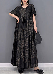 Beautiful Black flower O-Neck Print Pockets Long Dresses Short Sleeve