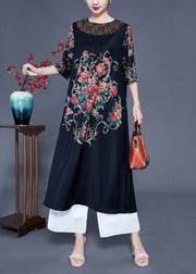 Beautiful Black O-Neck Print Silk Holiday Dress Half Sleeve