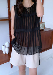 Beautiful Black O-Neck Tie Waist Chiffon Top Summer