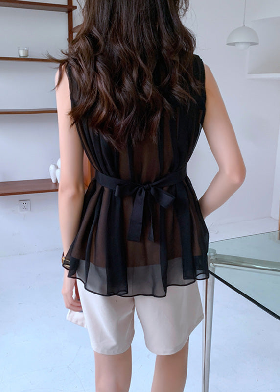 Beautiful Black O-Neck Tie Waist Chiffon Top Summer