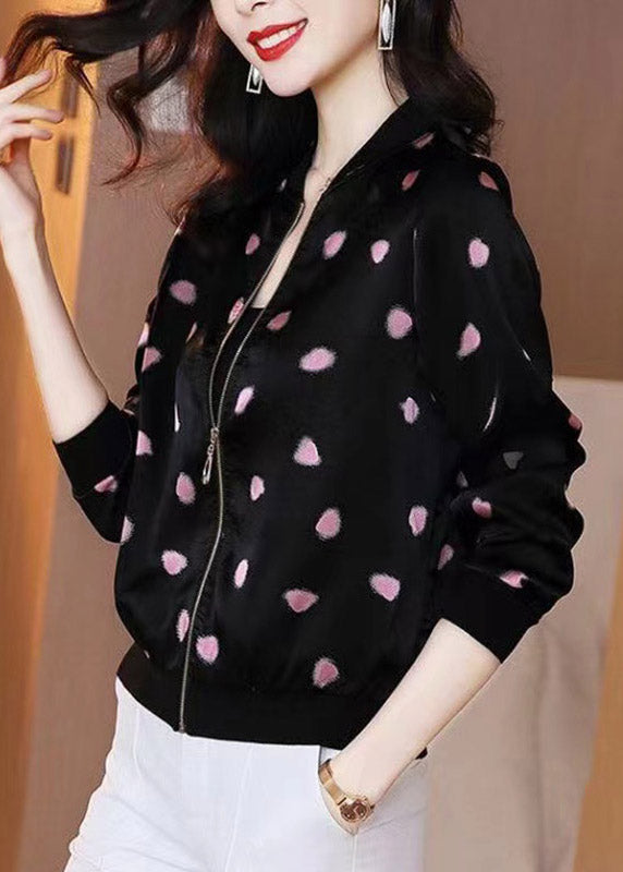 Beautiful Black O-Neck Zippere Print Chiffon Sunscreen Coat Summer