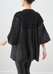 Beautiful Black Oversized Patchwork Wrinkled Tops Lantern Sleeve