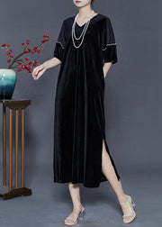 Beautiful Black Oversized Side Open Silk Velvet Party Dress Summer