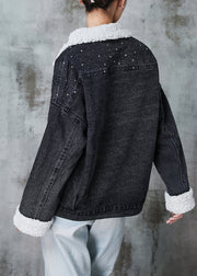 Beautiful Black Peter Pan Collar Patchwork Warm Fleece Denim Jacket Winter