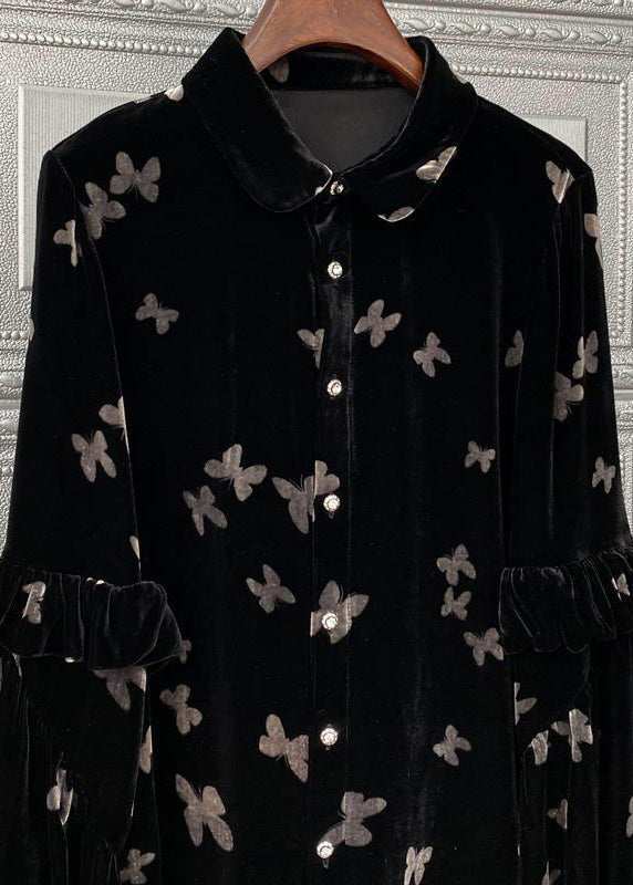 Beautiful Black Peter Pan Collar Print Button Velour Tops Fall