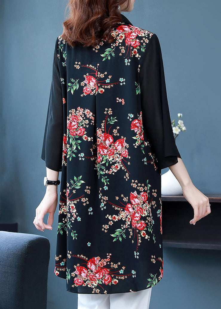 Beautiful Black Peter Pan Collar Print Patchwork Chiffon Shirts Bracelet Sleeve