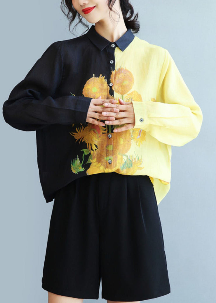 Beautiful Black Peter Pan Collar Sunflower Print Linen Shirt Fall