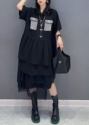 Beautiful Black Peter Pan Collar Wrinkled Patchwork Chiffon Dress Summer