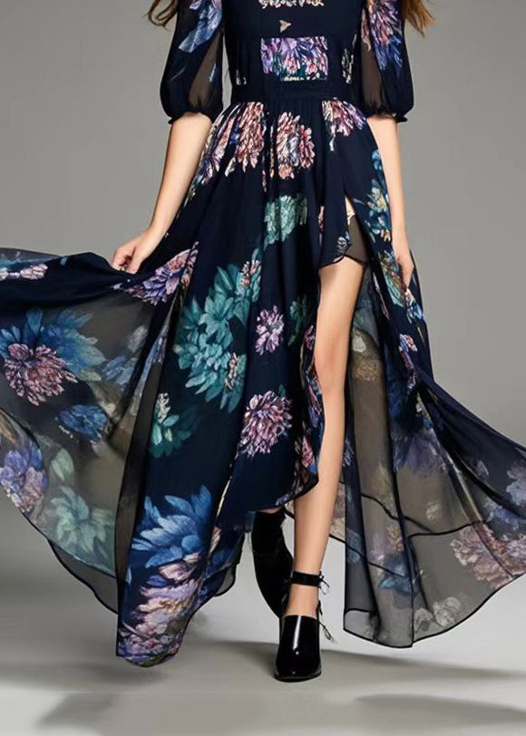 Beautiful Black Print Asymmetrical Design Chiffon Dress Summer