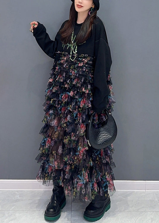 Beautiful Black Print Chiffon Patchwork Dresses Long Sleeve