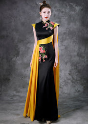 Beautiful Black Red Stand Collar Embroidered Ribbon Silk Maxi Fishtail Dresses Summer