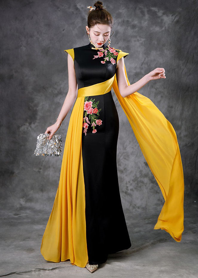 Beautiful Black Red Stand Collar Embroidered Ribbon Silk Maxi Fishtail Dresses Summer