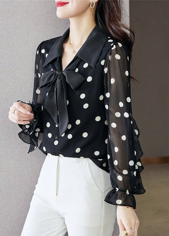 Beautiful Black Ruffled Dot Print Chiffon Shirts Spring