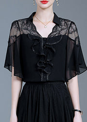 Beautiful Black Ruffled Lace Patchwork Chiffon Shirt Summer