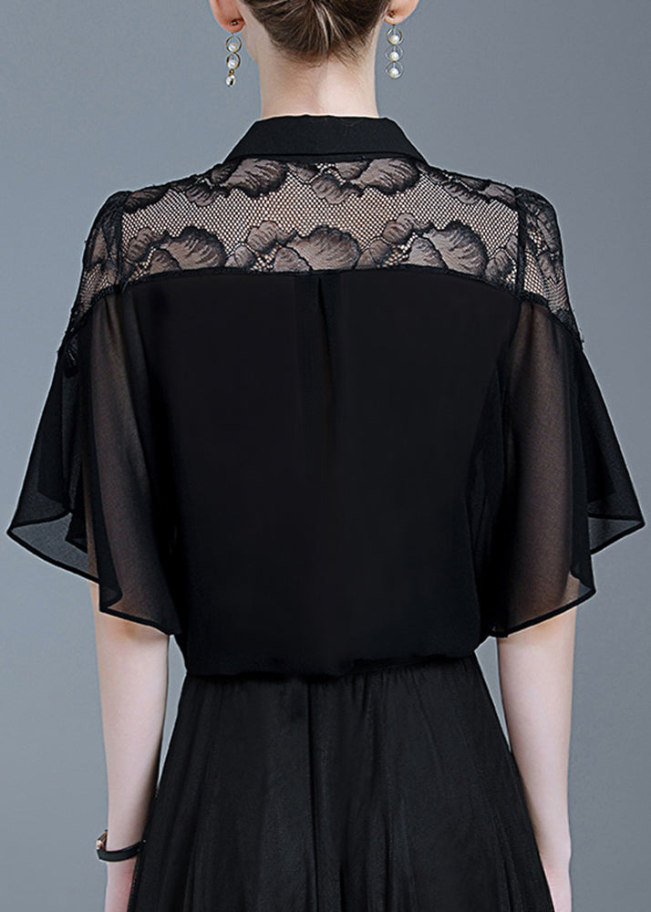 Beautiful Black Ruffled Lace Patchwork Chiffon Shirt Summer