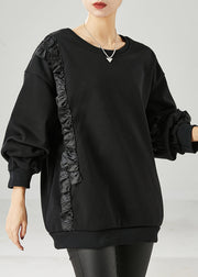 Beautiful Black Ruffled Patchwork Warm Fleece Sweatshirts Top Spring