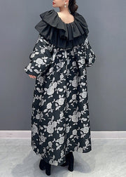 Beautiful Black Ruffled Print Patchwork Cotton Long Dress Fall