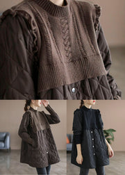 Beautiful Black Stand Collar Knit Patchwork Fine Cotton Filled Winter Coats