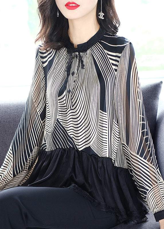 Beautiful Black Stand Collar Patchwork Striped Button Chiffon Shirts Long Sleeve