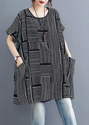 Beautiful Black Striped PatchworkLinen T Shirt Short Sleeve