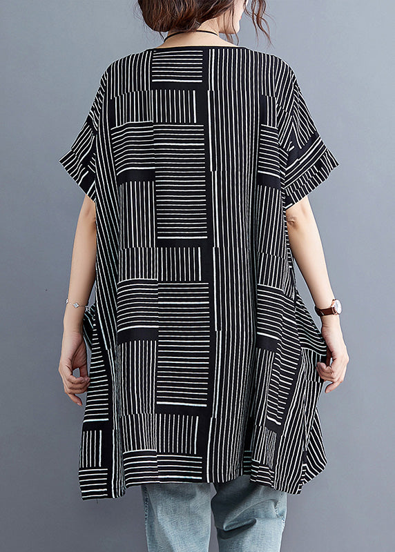 Beautiful Black Striped PatchworkLinen T Shirt Short Sleeve