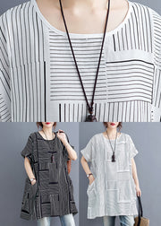 Beautiful Black Striped PatchworkLinen T Shirt Short Sleeve